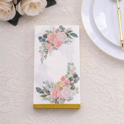 20-Pack Paper Dinner Napkins 2-Ply White with Pink Peony Flowers Print and Gold Edge - Soft and Absorbent Party Napkins