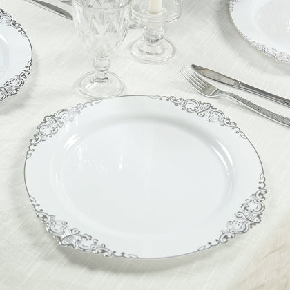 20-Pack Economy Plastic Charger Plates 13" Round White with Silver Embossed Baroque Rim - Stylish Dinner Party Serving Plates