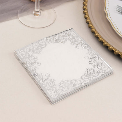 20-Pack Paper Beverage Napkins 3 Ply White with Silver Foil Lace Design 5"x5" - Soft European Style Wedding Napkins 18GSM