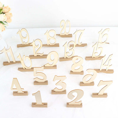 20-Pack Wooden Wedding Table Numbers 1-20 Natural with Holder Base 6" - Durable Rustic Event Decor