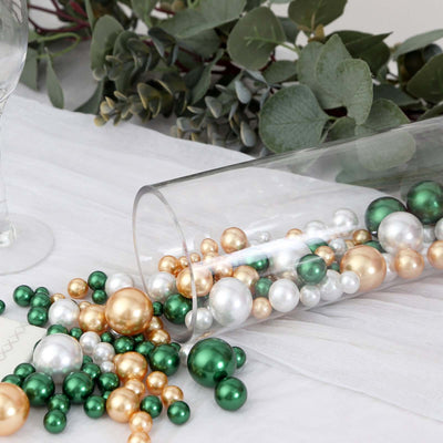 200Pcs Assorted Pearl Beads Vase Fillers in Green, Gold and White, Lustrous DIY Craft Bead Set