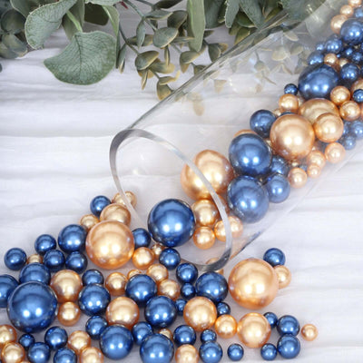 200Pcs Assorted Pearl Beads Vase Fillers in Navy Blue and Gold, Lustrous DIY Craft Bead Set