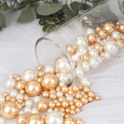 200Pcs Assorted Pearl Beads Vase Fillers in Off White and Gold, Lustrous DIY Craft Bead Set