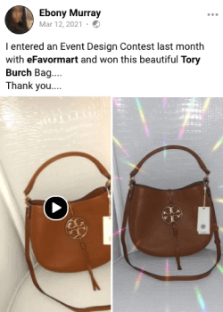 Post of Ebony Murray on winning Tory Burch Bag from efavormart in Event Design Contest