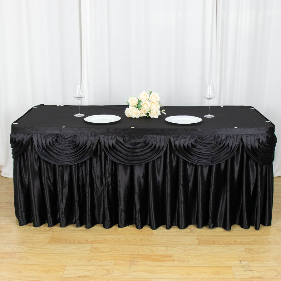 Black Pleated Satin Double Drape Table Skirt 21 Feet