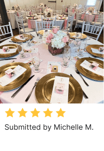Round table setting with tablecloth, charger plates, cutlery, glasses, flower centerpiece, and chairs by Michelle M