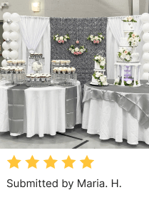 Silver & white event decor with tablecloths, overlay, table runners, cake stands, backdrop curtains, balloons, & flowers by Maria H