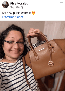 Post of Risy Morales, holding Michael Kors Bag she won from efavormart