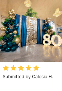 80th-anniversary celebration with blue and gold decor, Marquee number lights, backdrop curtains, and balloons By Calesia H