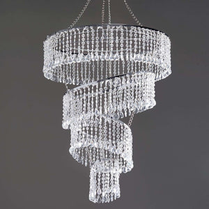 Elegant spiral crystal chandelier with cascading beads and chrome accents.