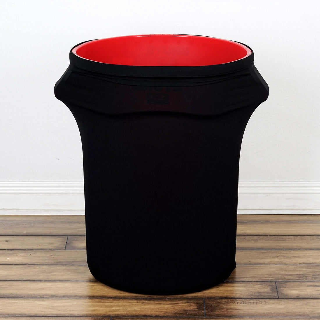 Black trash can with red interior, modern design for home or office use. #whtbkgd