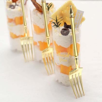24-Pack Plastic Dessert Forks 6" Gold with Roman Column Handle - European Style Disposable Utensils