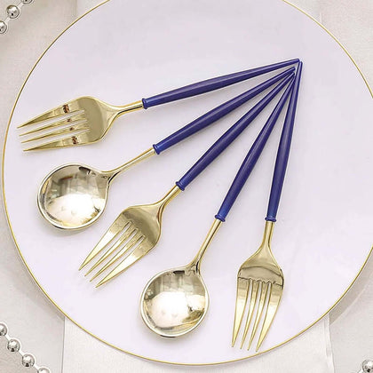 24-Pack Plastic Utensil Set 6" Gold/Royal Blue - Premium Modern Heavy Duty Disposable Fork and Spoon
