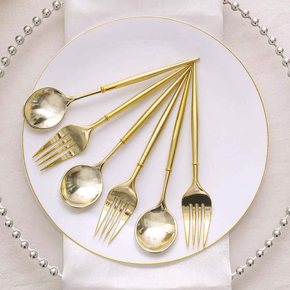 24-Pack Plastic Utensil Set 6" Metallic Gold - Premium Modern Heavy Duty Disposable Fork and Spoon