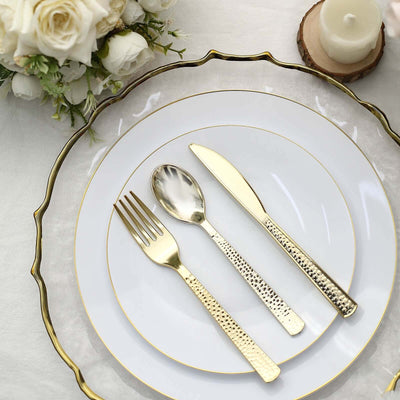 24-Pack Plastic Silverware Set 7" Gold with Hammered Design - Heavy Duty Disposable Utensils