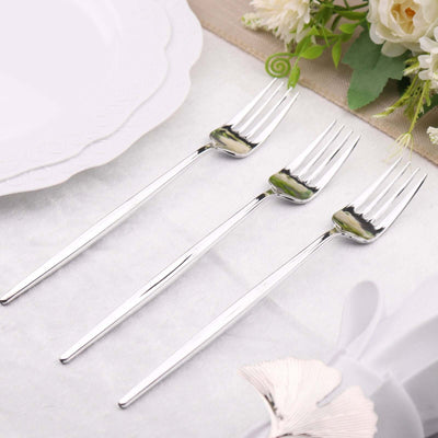 24 Pack Glossy Silver Heavy Duty Plastic Silverware Forks, Shiny Cutlery, Premium Disposable Flatware 8"