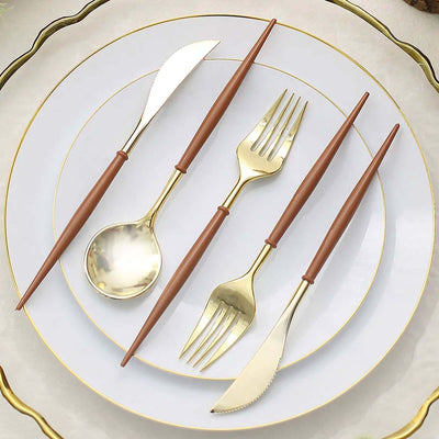 24-Pack Plastic Flatware Set 8" Metallic Gold with Brown Handle - Modern Heavy Duty Disposable Silverware