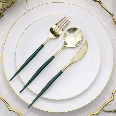 24-Pack Plastic Flatware Set 8" Metallic Gold with Hunter Emerald Green Handle - Modern Heavy Duty Disposable Silverware