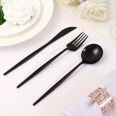 24-Pack Plastic Flatware Set 8" Black with Sleek Modern Design - Premium Disposable Silverware