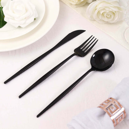 24-Pack Plastic Flatware Set 8" Black with Sleek Modern Design - Premium Disposable Silverware