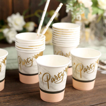 24-Pack Paper Cups 9oz Blush with Marble Top - Chic Disposable Party Cups for Events & All Purpose Use