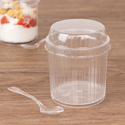 24-Pack Clear Ribbed Plastic Fruit Dessert Cups 5oz, Lids and Spoons Included - Mini Disposable Parfait Ice Cream Cups