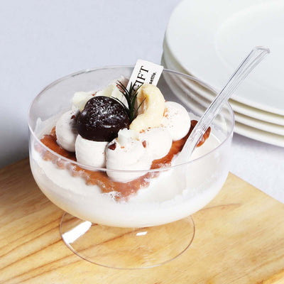 24-Pack Crystal Clear Footed Plastic Dessert Cups 6oz, Tasting Spoon Set Included - Disposable Appetizer Parfait Cups