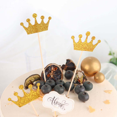 24-Pack Cupcake Topper Picks 5" Royal Crown Design Glitter Gold - Party Cake Toppers