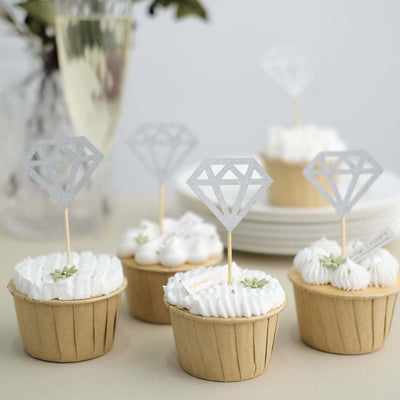24-Pack Cupcake Toppers Silver Diamond Ring Design - Party Cake Picks Engagement Decoration Supplies