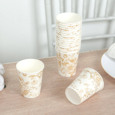 24-Pack Paper Cups 9oz White with Gold French Toile Print - Chic Disposable Floral Party Cups for Hot & Cold Beverages
