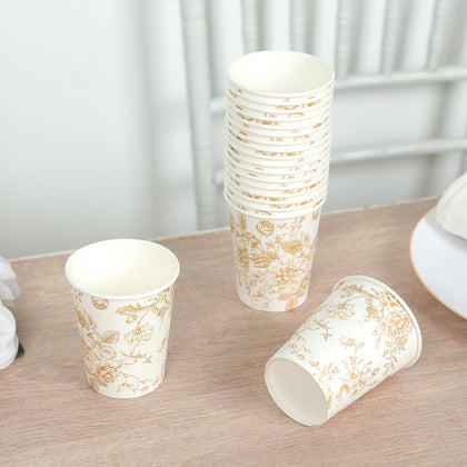 24-Pack Paper Cups 9oz White with Gold French Toile Print - Chic Disposable Floral Party Cups for Hot & Cold Beverages