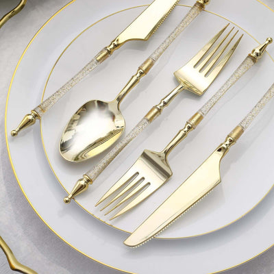 24-Pack Plastic Utensil Set Gold/Clear with Roman Column Handle - Glittered Disposable Forks, Spoons, and Knives