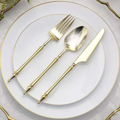 24-Pack Plastic Utensil Set Gold with Roman Column Handle - Glittered Disposable Forks, Spoons, and Knives
