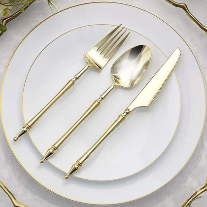 24-Pack Plastic Utensil Set Gold with Roman Column Handle - Glittered Disposable Forks, Spoons, and Knives