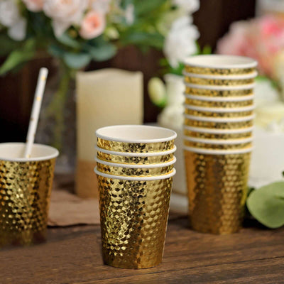 24-Pack Paper Cups 10oz Gold Foil with Honeycomb Design - Chic Disposable Party Cups for Events & All Purpose Use