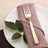 Gold fork on a pink napkin with a plate and green leaves.