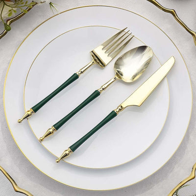 24-Pack Plastic Utensil Set Gold/Hunter Emerald Green with Roman Column Handle - Glittered Disposable Forks, Spoons, and Knives
