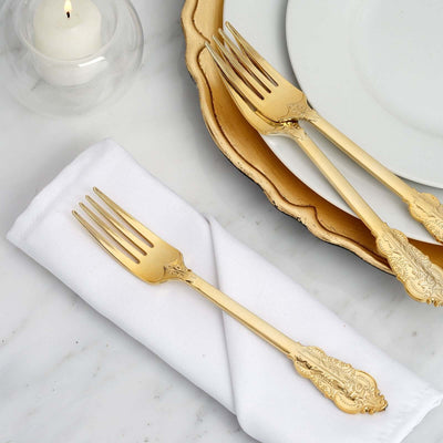 24-Pack Plastic Forks 8" Metallic Gold Baroque Style - Heavy Duty Disposable Silverware
