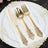 Elegant gold cutlery set on a decorative plate with a napkin.