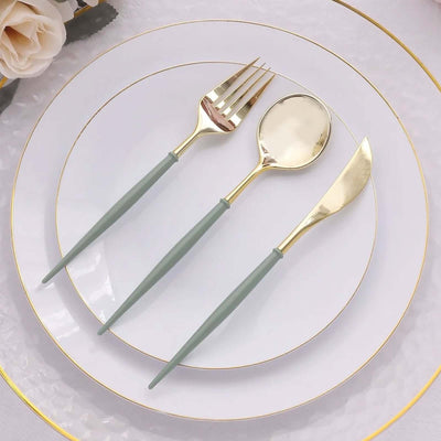 24-Pack Plastic Flatware Set 8" Metallic Gold with Dusty Sage Green Handle - Modern Heavy Duty Disposable Silverware