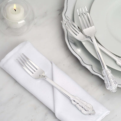 24-Pack Plastic Forks 8" Metallic Silver Baroque Style - Heavy Duty Disposable Silverware