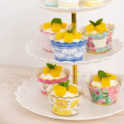 24-Pack Paper Cupcake Wrappers 3" Mixed Floral Vintage Design - Decorative Round Muffin Mini Cake Liners