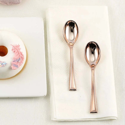 24-Pack Plastic Mini Dessert Spoons 4" Rose Gold - Heavy Duty Disposable Silverware