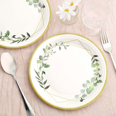 24-Pack Paper Round Dinner Plates 9" White with Eucalyptus Leaves & Gold Rim - 300GSM Disposable Party Plates for Garden Weddings & Celebrations