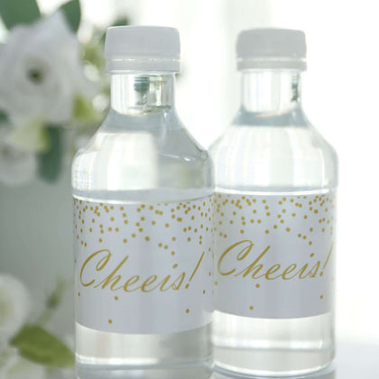 24 Pack White/Gold Water Bottle Labels "Cheers" Wedding Party Waterproof Bottle Stickers