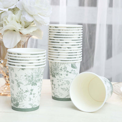 24 Pack Paper Cups in White Sage Green French Toile Pattern, Elegant Disposable Party Cups - 9oz