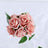Pink rose bouquet with green leaves on a white background.