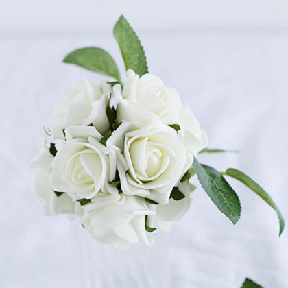 24 Roses Ivory Artificial Foam Flowers With Stem Wire and Leaves 2"