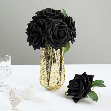 24 Roses Black Artificial Foam Flowers With Stem Wire and Leaves 5"