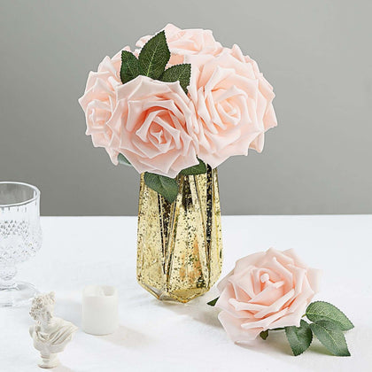 24 Roses Blush Artificial Foam Flowers With Stem Wire and Leaves 5"